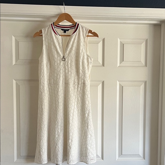 Tommy Hilfiger Dresses & Skirts - Tommy Hilfiger White Lace Mini Dress with Red & Navy Trim